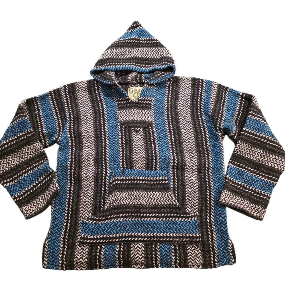 Vintage Baja Joe Mexican Pancho Drug Rug Hoodie Woven Surfer Skater Boho Small